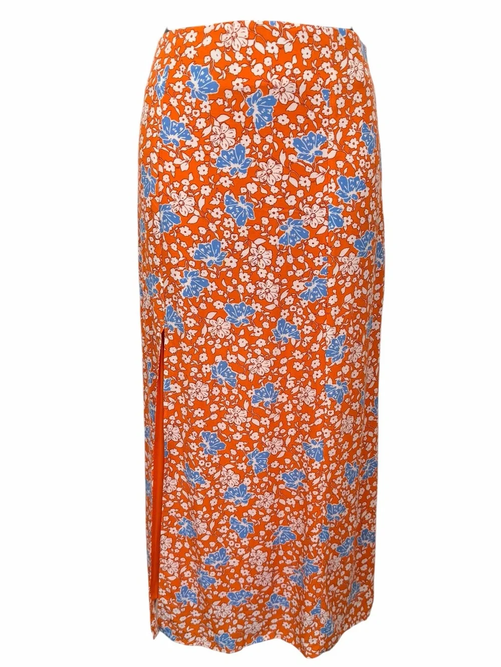 Maeve Anthropologie Lille Orange Blue Floral Side Slit Midi Skirt Size 4